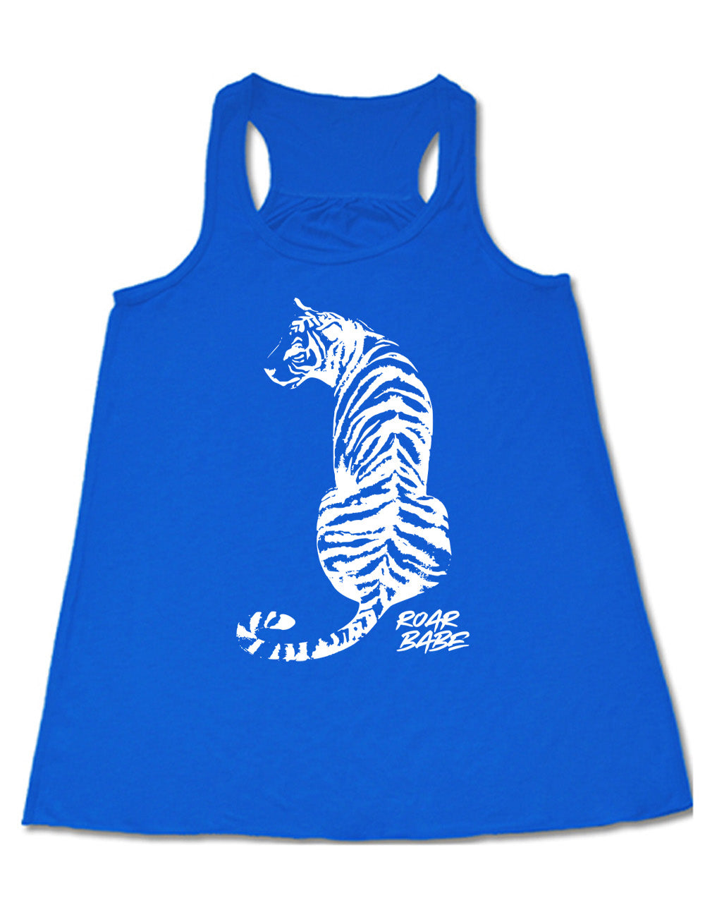 blue flowy racerback tank with the graphic of a tiger, from the back, sitting, looking to one side, with the words "roar babe" in small font underneath