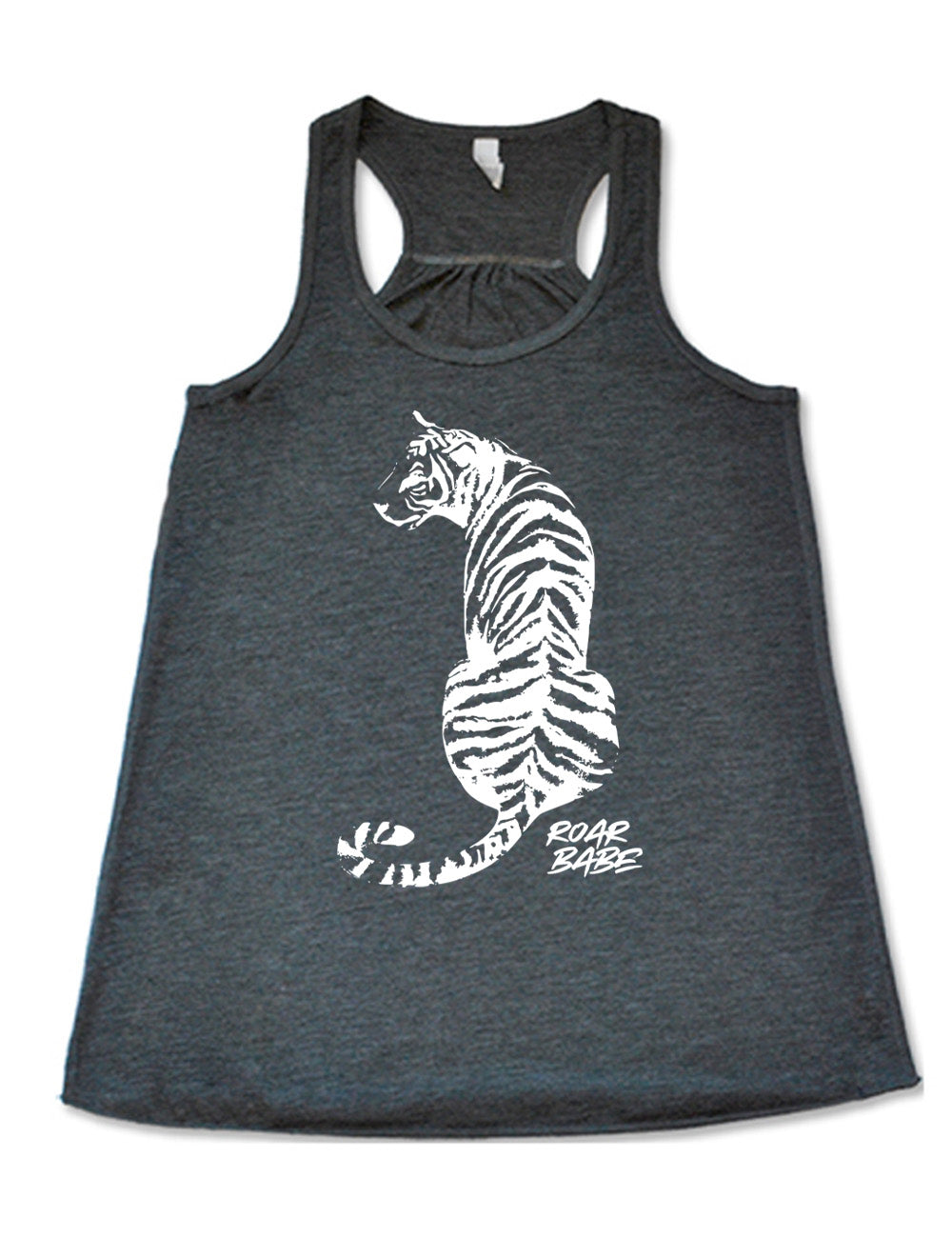 grey flowy racerback tank with the graphic of a tiger, from the back, sitting, looking to one side, with the words "roar babe" in small font underneath