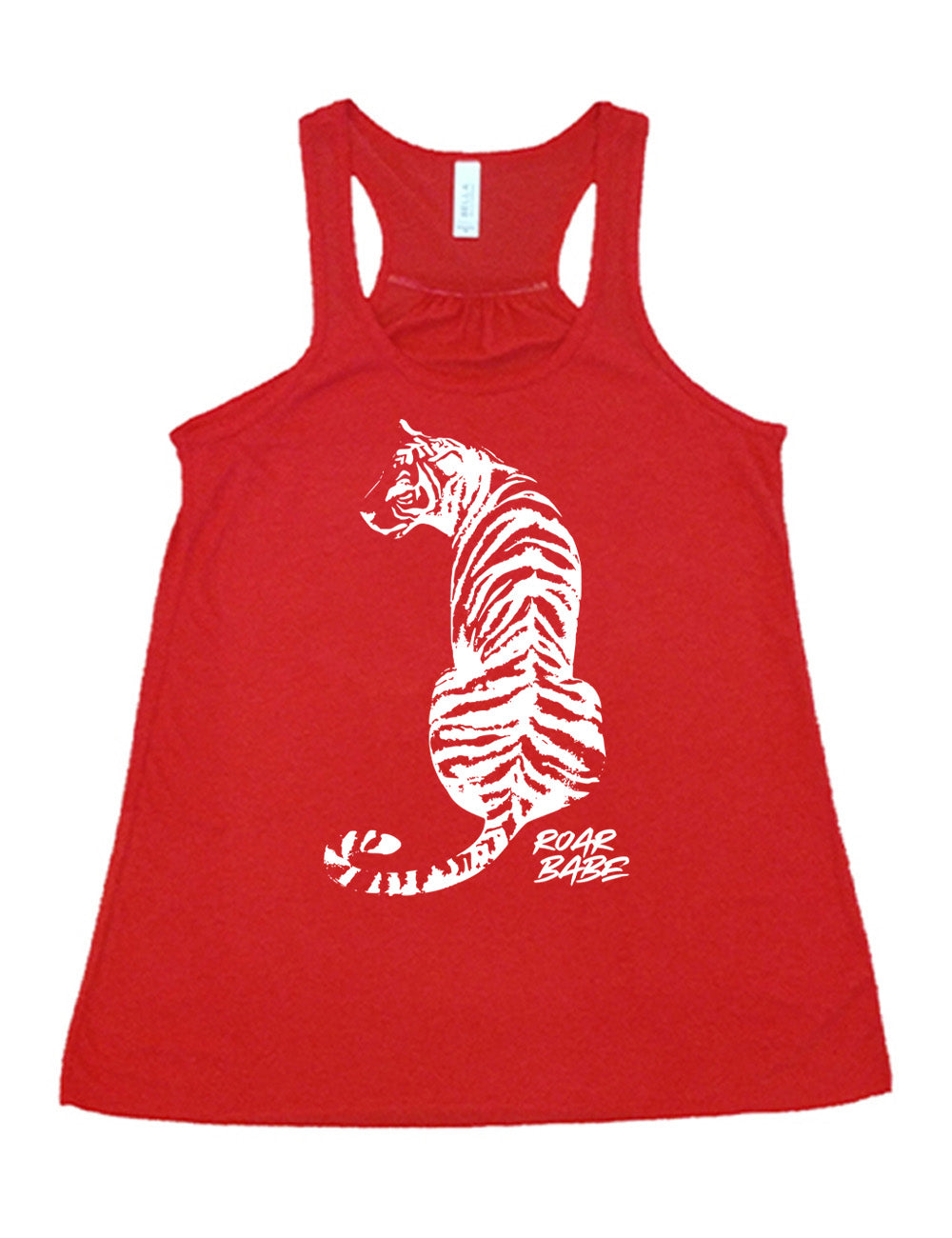 red flowy racerback tank with the graphic of a tiger, from the back, sitting, looking to one side, with the words "roar babe" in small font underneath