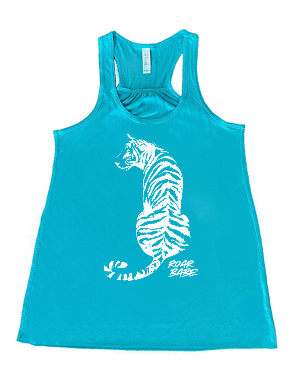 teal flowy racerback tank with the graphic of a tiger, from the back, sitting, looking to one side, with the words "roar babe" in small font underneath