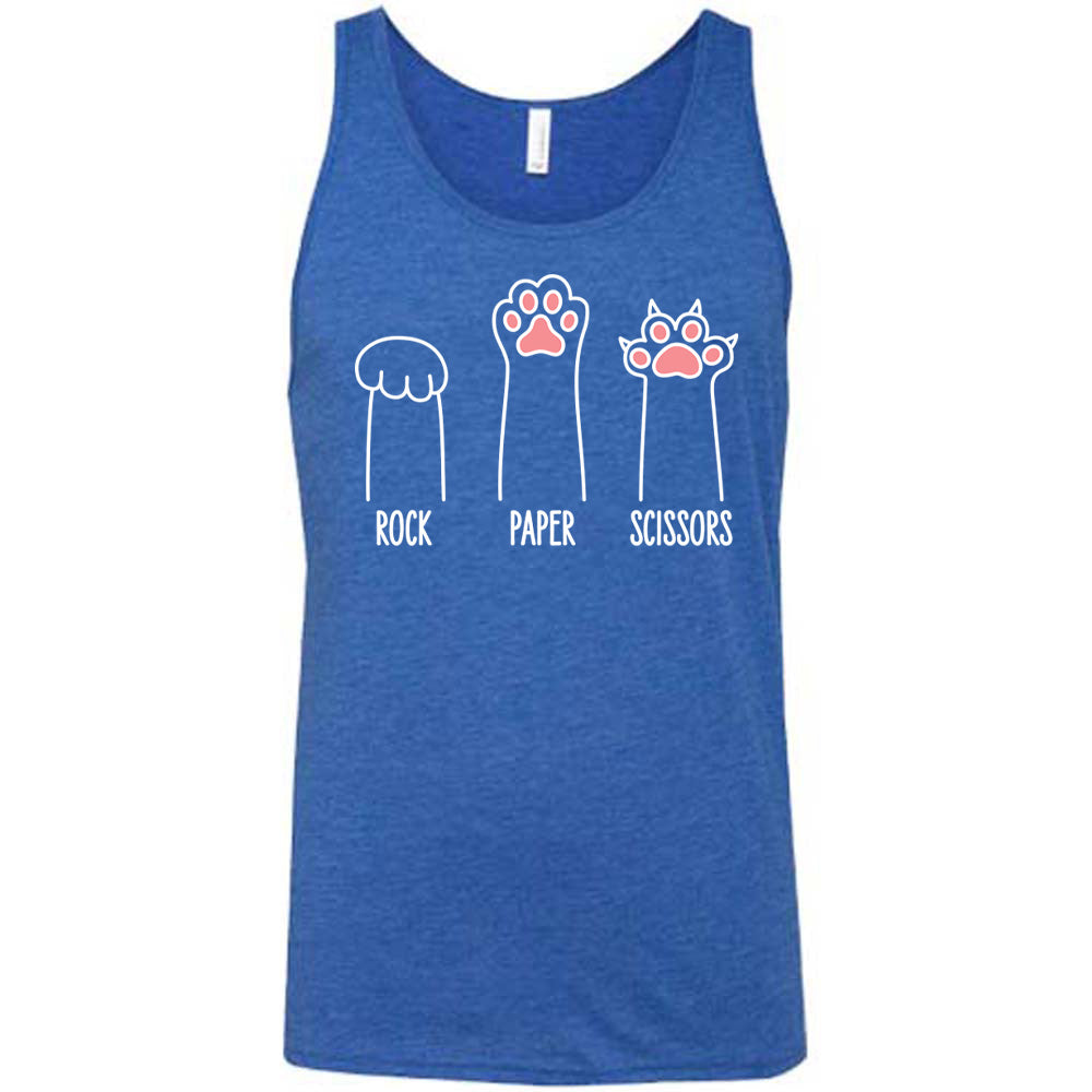 Blue colored tank with a triple cat paw graphic on it that says "Rock Paper Scissors"