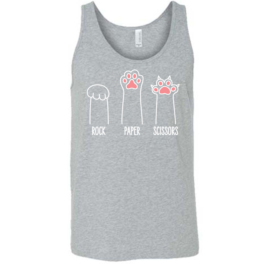 Grey colored tank with a triple cat paw graphic on it that says "Rock Paper Scissors"