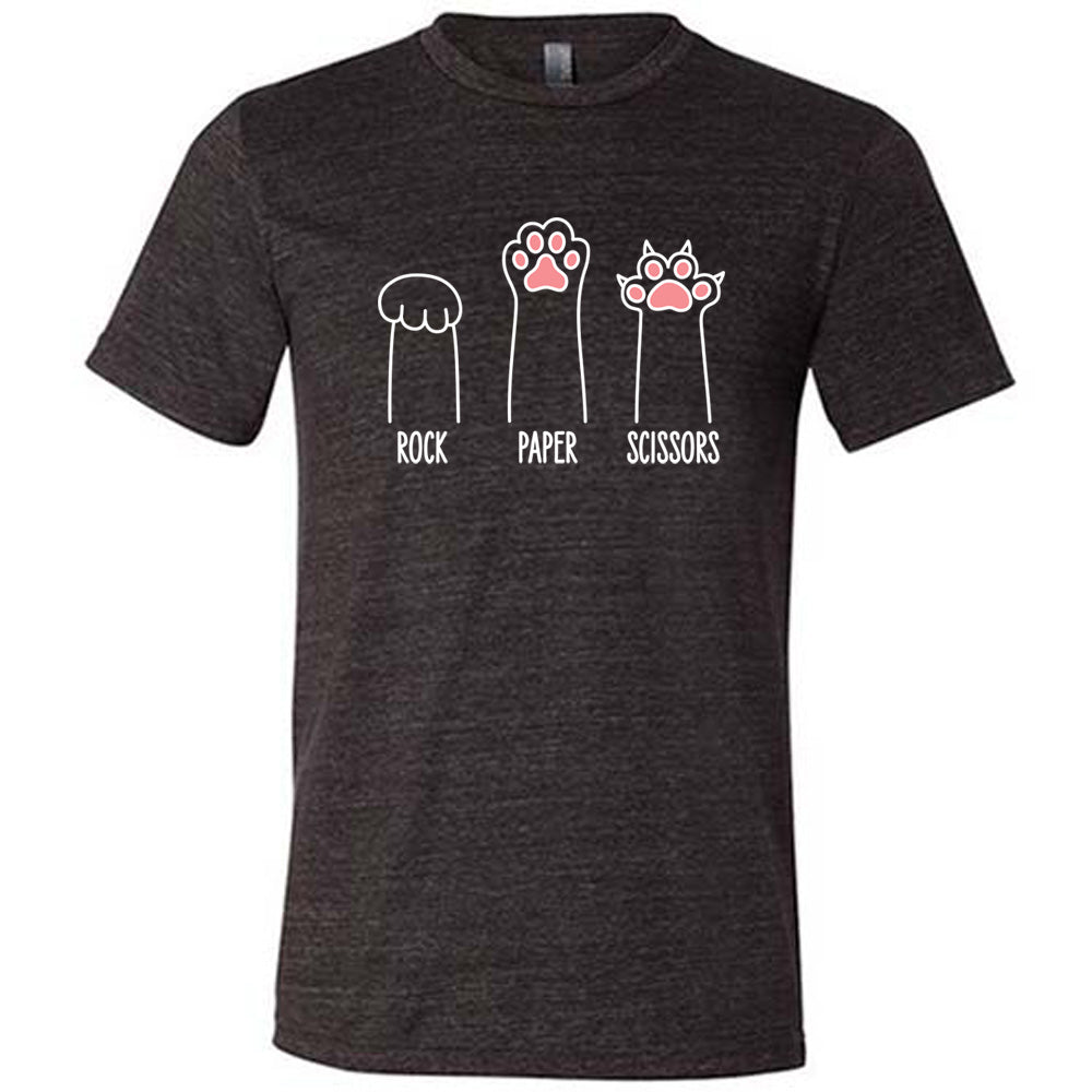 Black colored shirt with a triple cat paw graphic on it that says "Rock Paper Scissors"