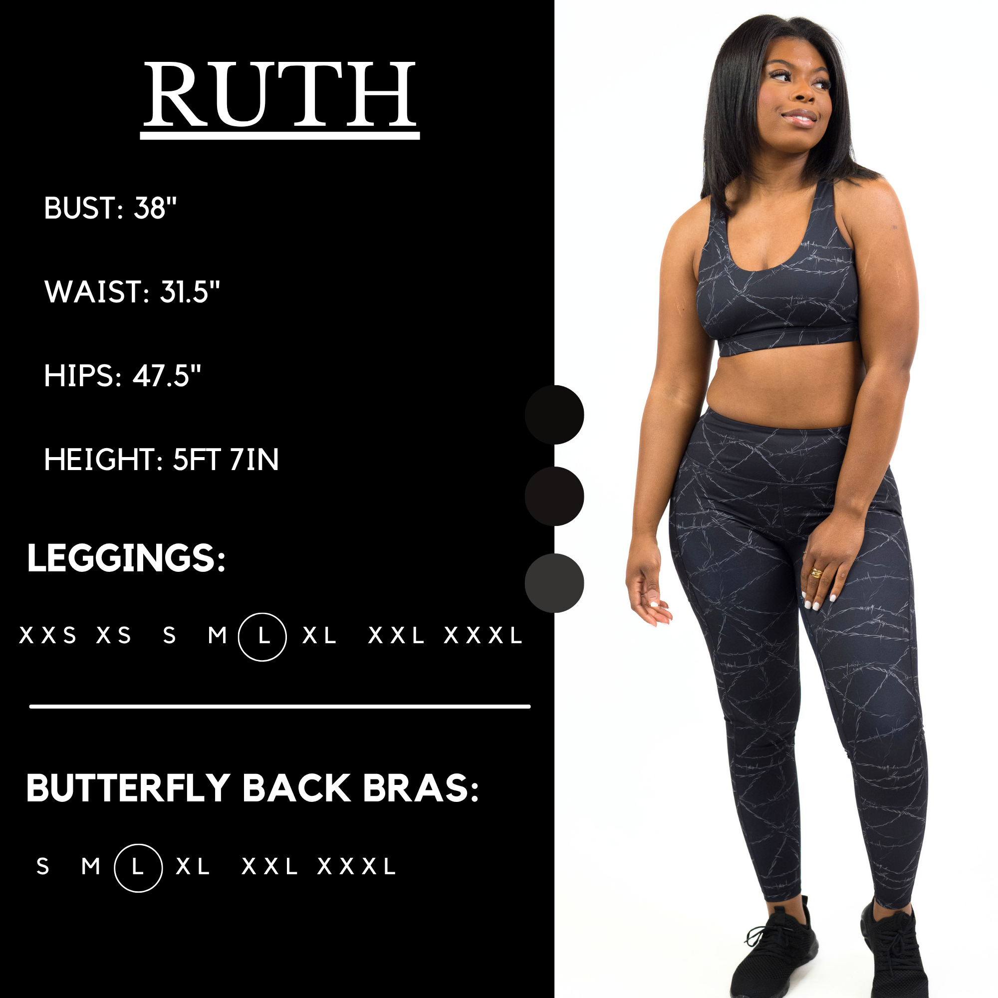 Model’s measurements of 38” bust, 31.5” waist, 47.5” hips and height of 5 ft 7 inches. She is wearing a size large in our leggings