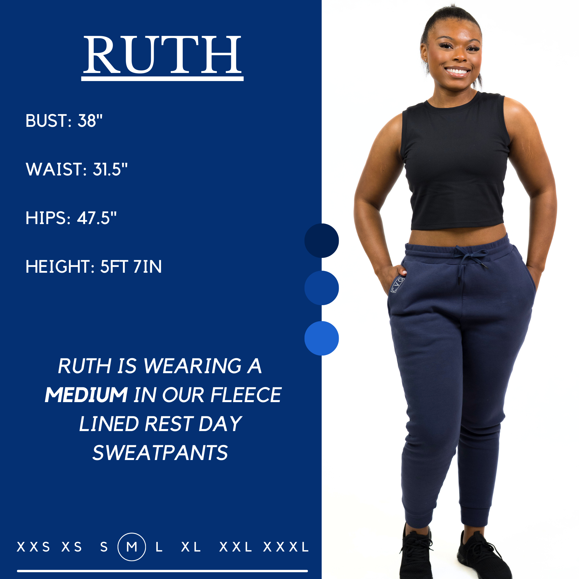 ruth navy fleece lined sweat pants sizing chart