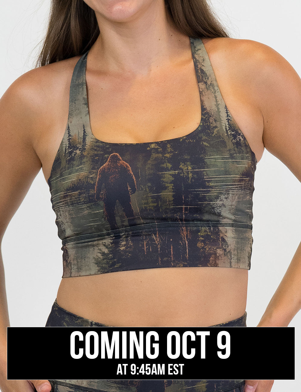 front of the bigfoot in a forest sports bra against a white background, coming October 9th