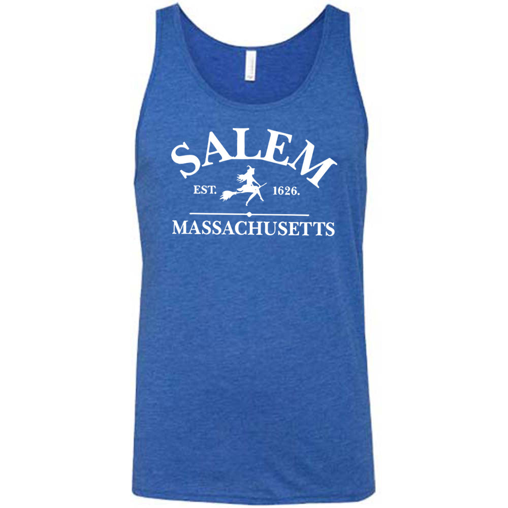 Blue colored tank with witch on a broom graphic on it that says "Salem EST. 1626 Massachusetts"
