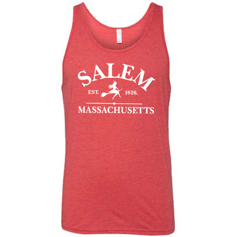 Red colored tank with witch on a broom graphic on it that says "Salem EST. 1626 Massachusetts"