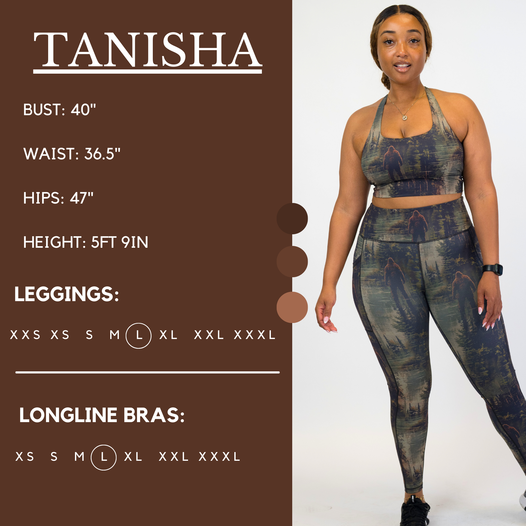 Graphic showing the measurements of a model and what size she wears for the leggings and fitted crop top. Her bust is 40 inches, waist is 36.5 inches, hips are 47 inches, and height is 5 foot and 9 inches. She wears a large in the leggings and longline bras