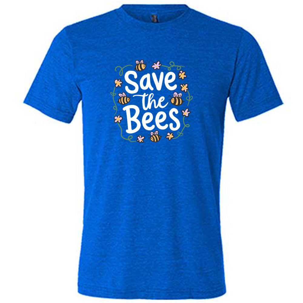 Blue colored shirt with a bees and flowers graphic on it that says "Save The Bees"