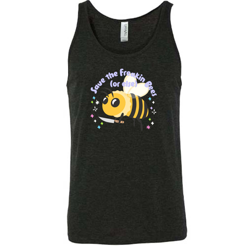Black colored tank with a bee holding a knife graphic on it that says "Save The Freakin Bees (Or Else)"