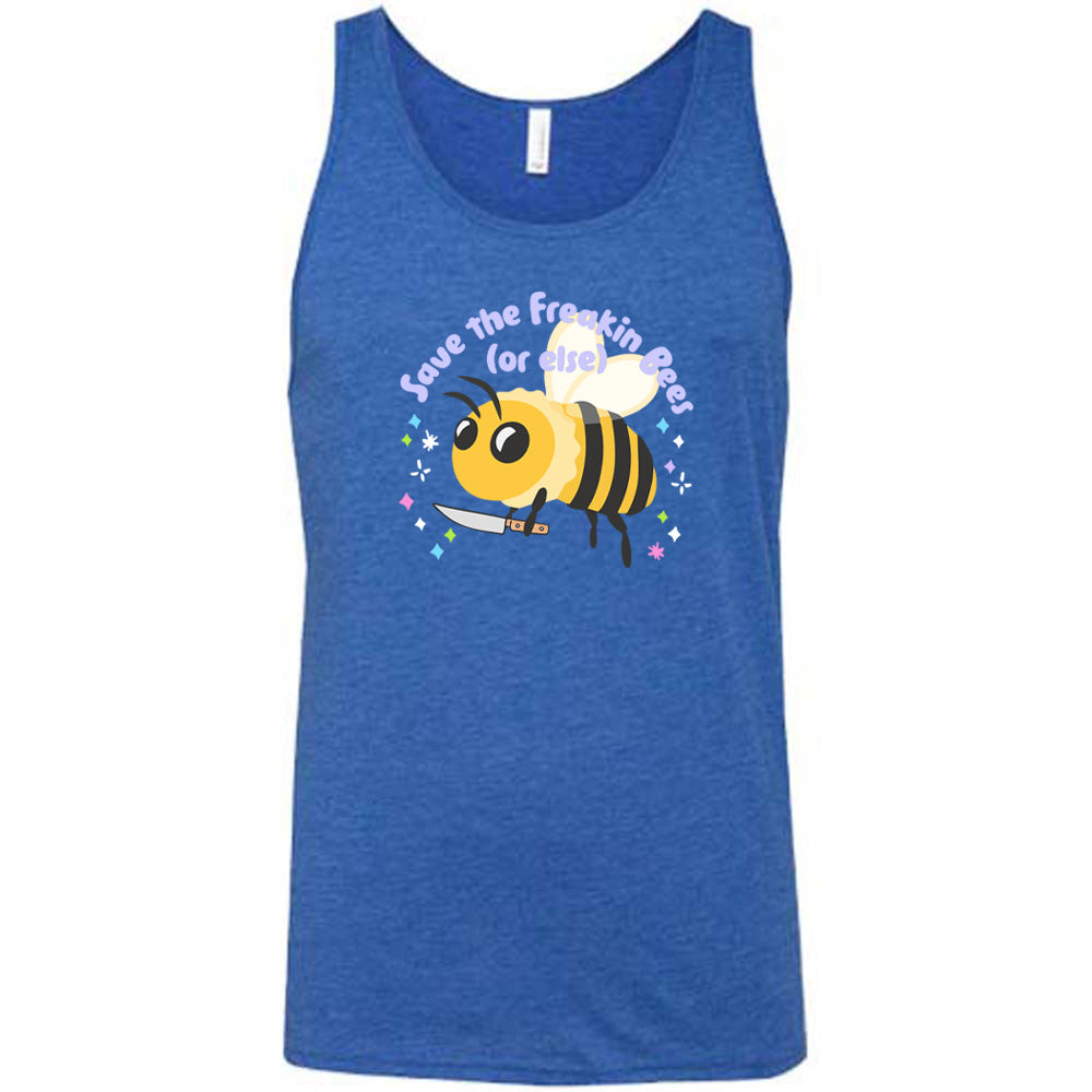 Blue colored tank with a bee holding a knife graphic on it that says "Save The Freakin Bees (Or Else)"