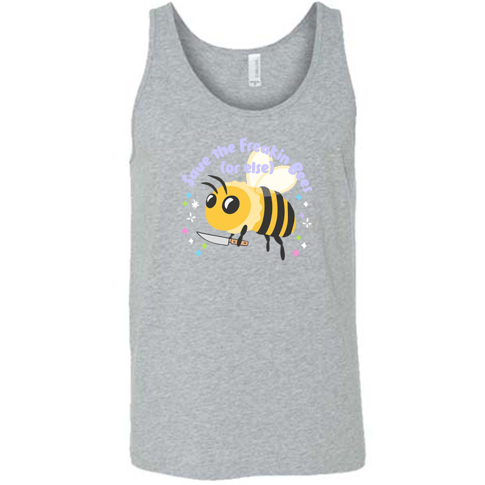 Grey colored tank with a bee holding a knife graphic on it that says "Save The Freakin Bees (Or Else)"