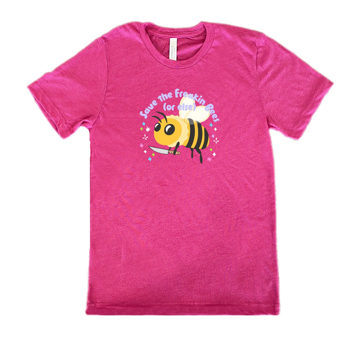 Berry colored shirt with a bee holding a knife graphic on it that says "Save The Freakin Bees (Or Else)"