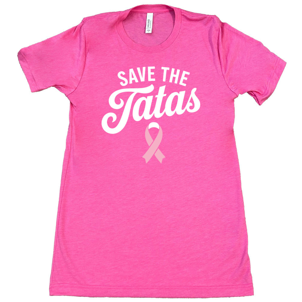 pink t-shirt with 'Save the Tatas' text and pink ribbon on a white background