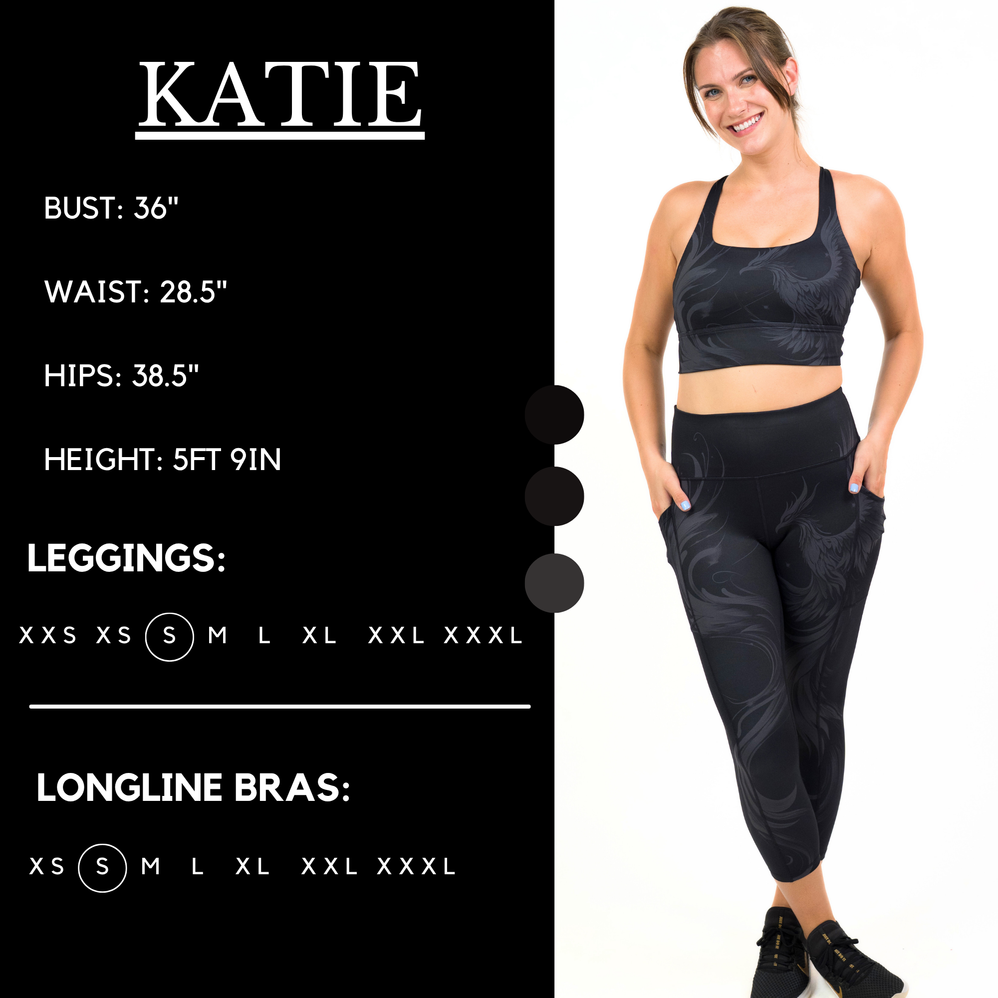 Model’s measurements of 36” bust, 28.5” waist, 38.5” hips and height of 5 ft 9 inches. She is wearing a size small in our leggings