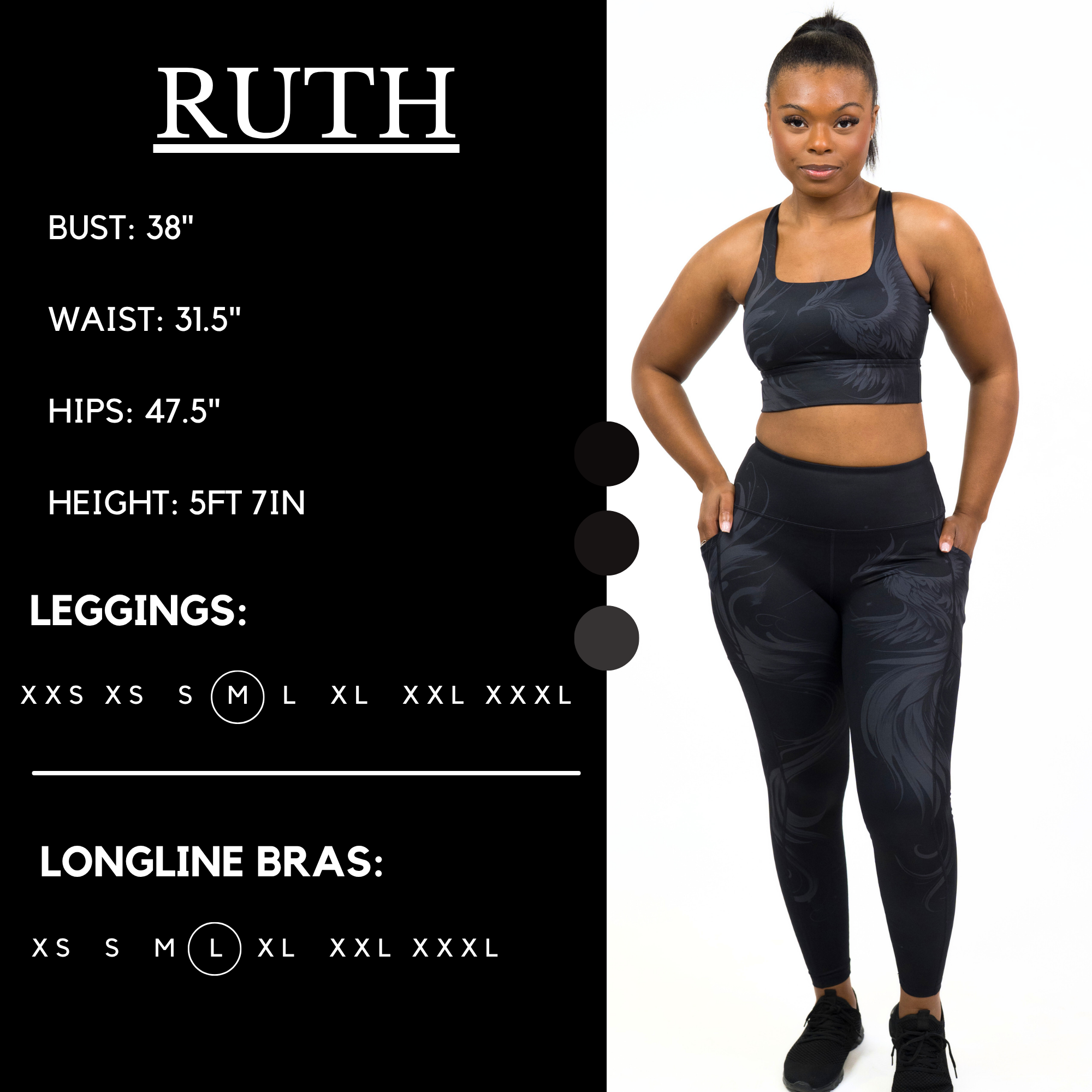 Model’s measurements of 38” bust, 31.5” waist, 47.5” hips and height of 5 ft 7 inches. She is wearing a size medium in our leggings