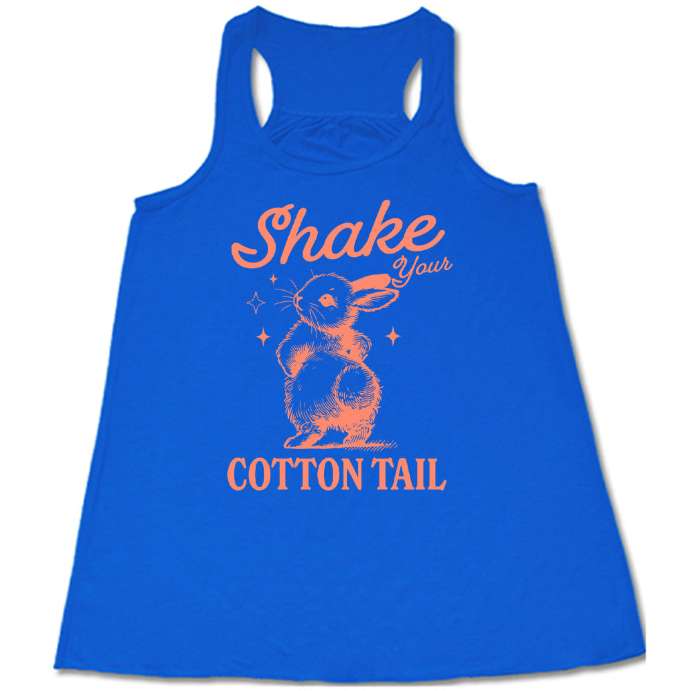 blue racerback tank with the words "shake your cotton tail" on it, with the large graphic of a rabbit, mid-shake of its behind, looking over its shoulder