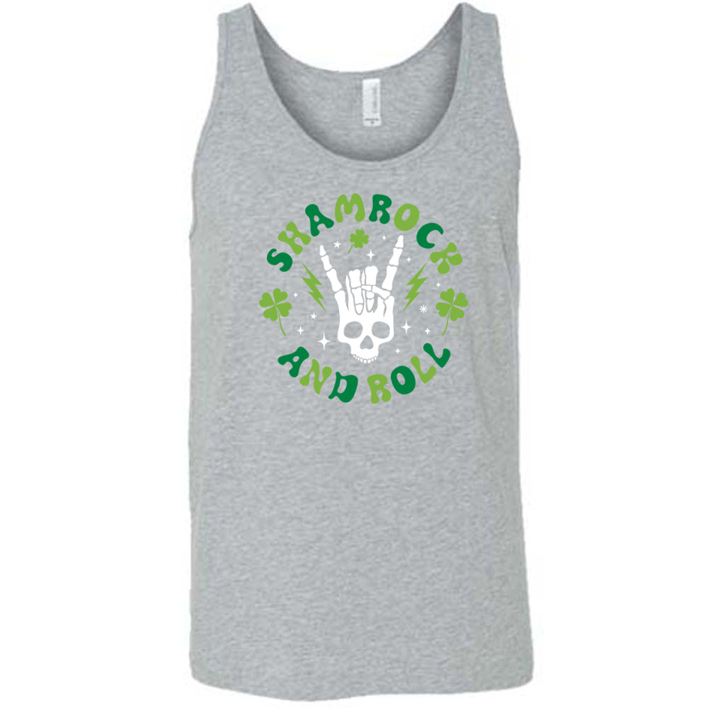 grey shirt with the quote "Shamrock and Roll" on it