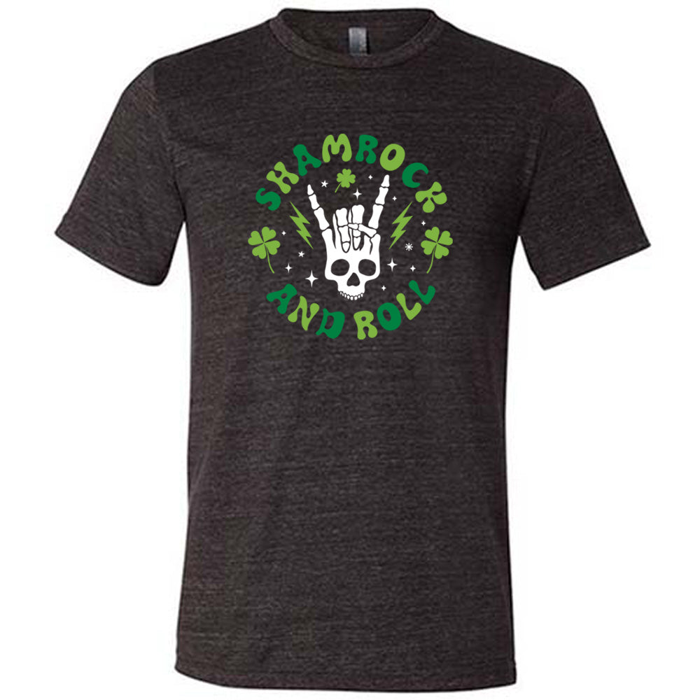 black shirt with the quote "Shamrock and Roll" on it