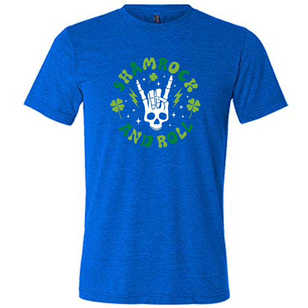 blue shirt with the quote "Shamrock and Roll" on it