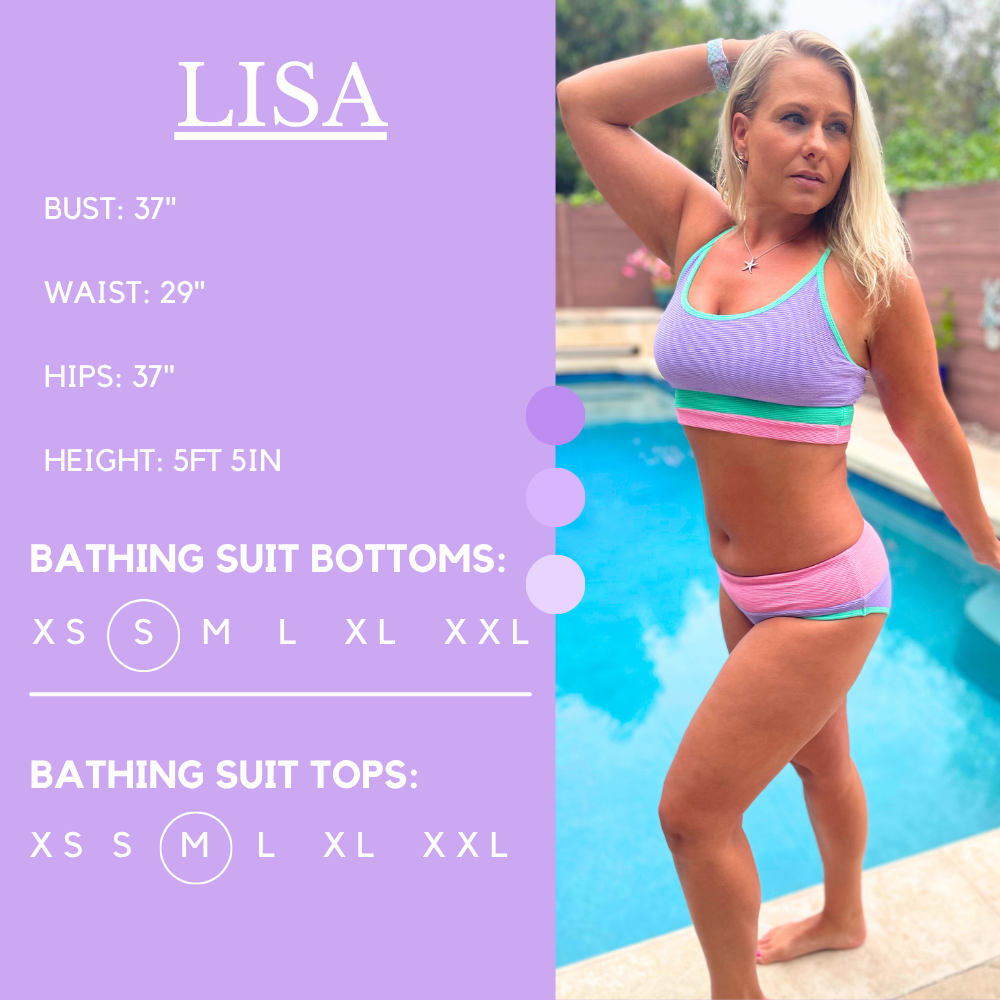 Model’s measurements of 37” bust, 29” waist, 37” hips and height of 5 ft 5 inches. She is wearing a size small in our bathing suit bottoms and a size medium in our bathing suit tops
