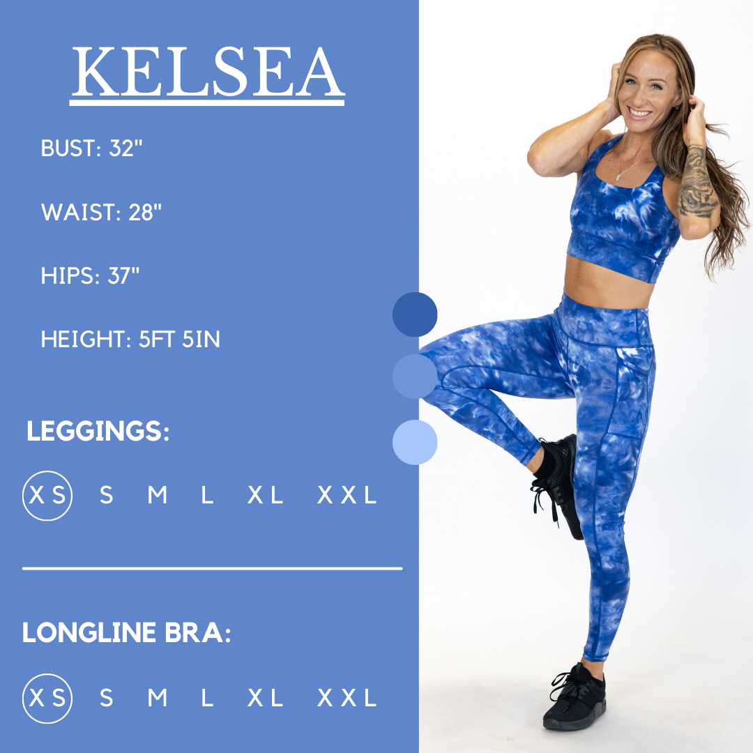 Model's measurements of 32 inch bust, 28 inch waist, 37 inch hips, and height of 5 foot 5 inches. She is wearing a size extra small in these leggings.