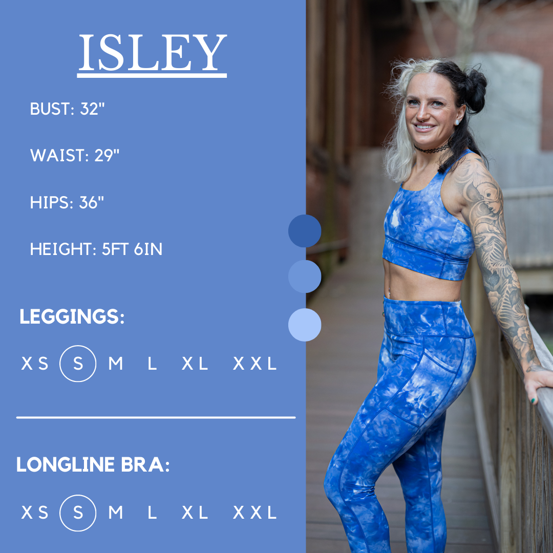 Model's measurements of 32 inch bust, 29 inch waist, 36 inch hips, and height of 5 foot 6 inches. She is wearing a size small in these leggings.