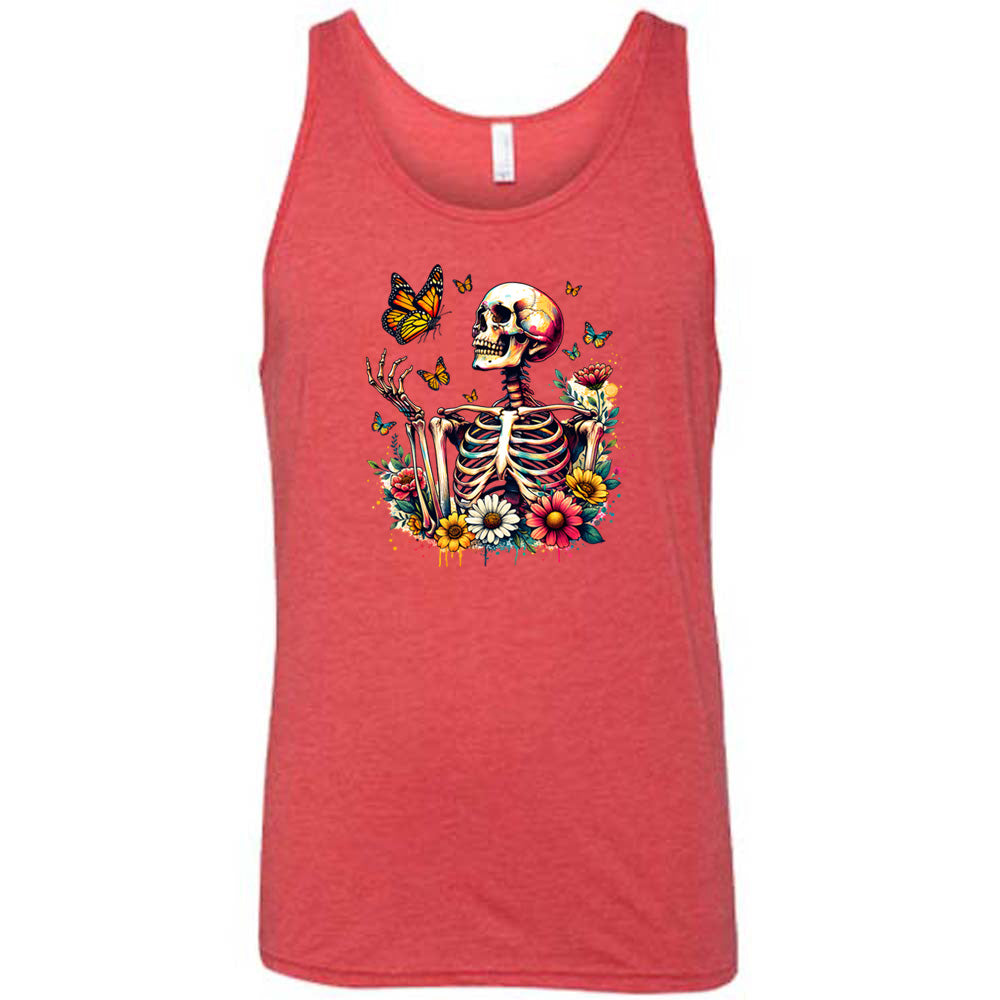 Red colored tank with a skeleton, butterflies, and flowers graphic on it