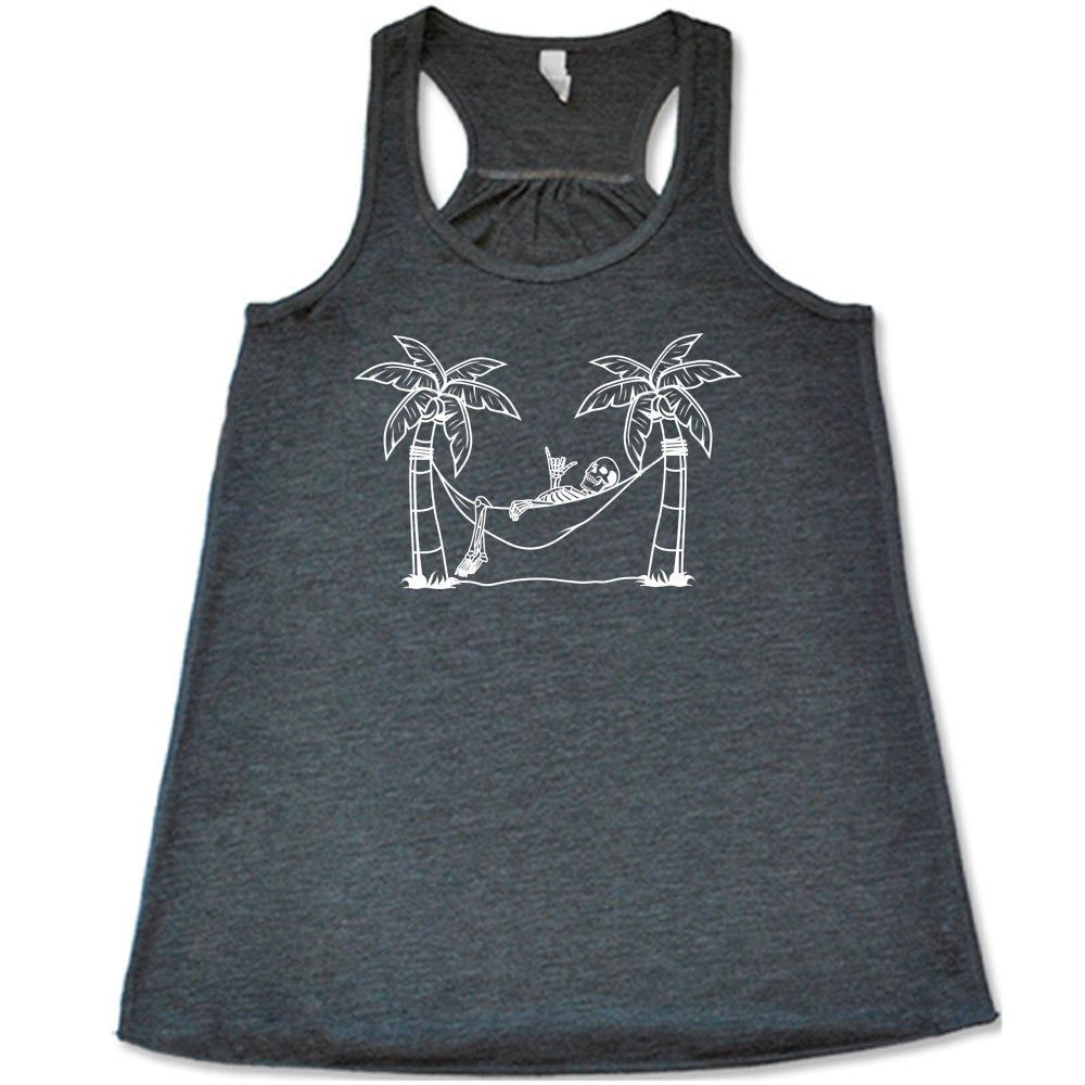 Grey colored flowy tank with a skeleton on a hammock graphic on it