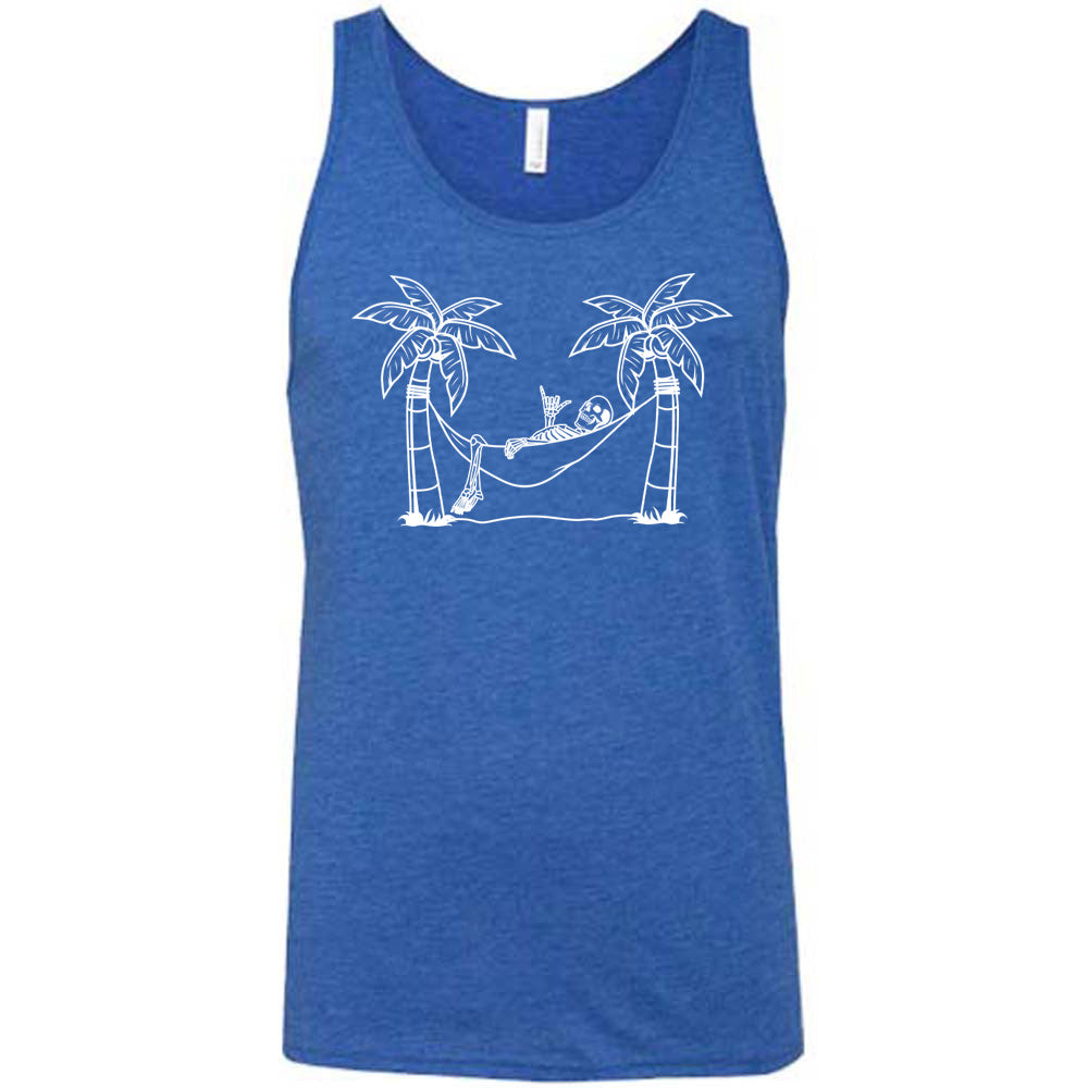 Blue colored tank with a skeleton on a hammock graphic on it