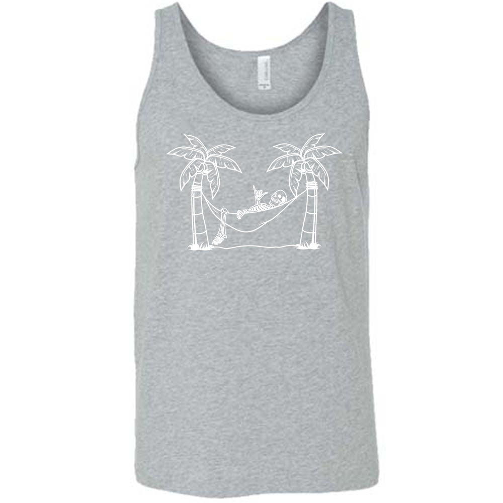 Grey colored tank with a skeleton on a hammock graphic on it
