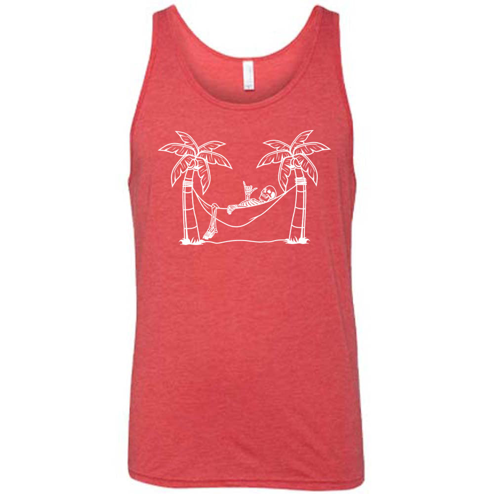 Red colored tank with a skeleton on a hammock graphic on it