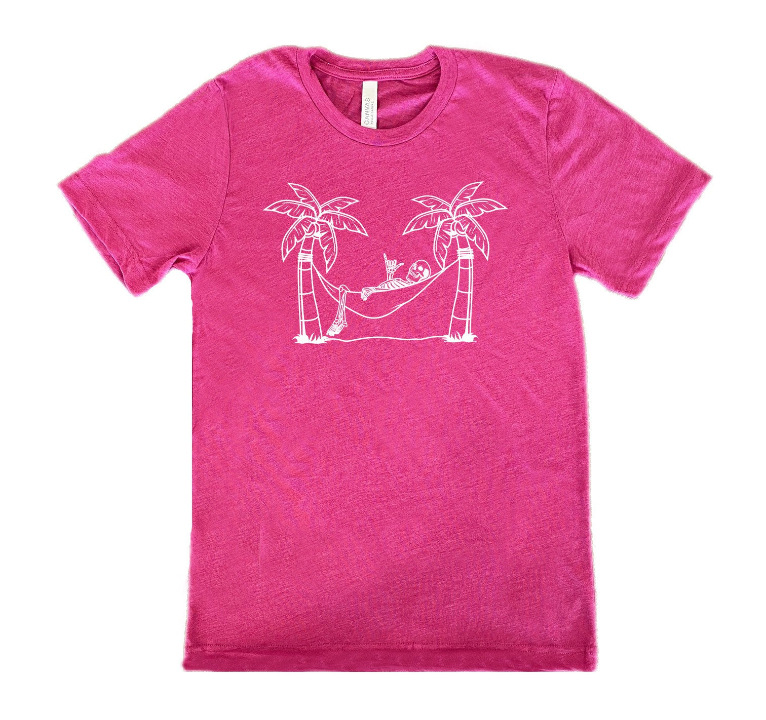 Berry colored shirt with a skeleton on a hammock graphic on it