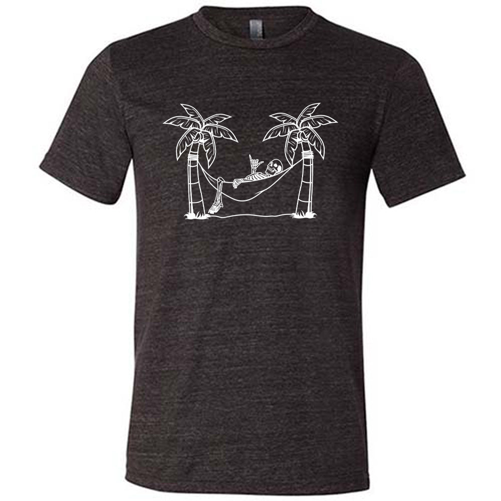 Black colored shirt with a skeleton on a hammock graphic on it