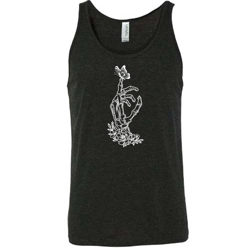 Black colored tank with a butterfly on a skeletons hand graphic on it