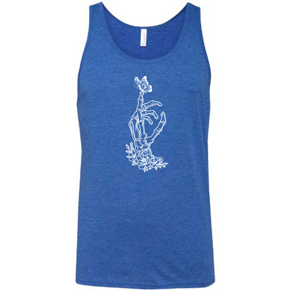 Blue colored tank with a butterfly on a skeletons hand graphic on it