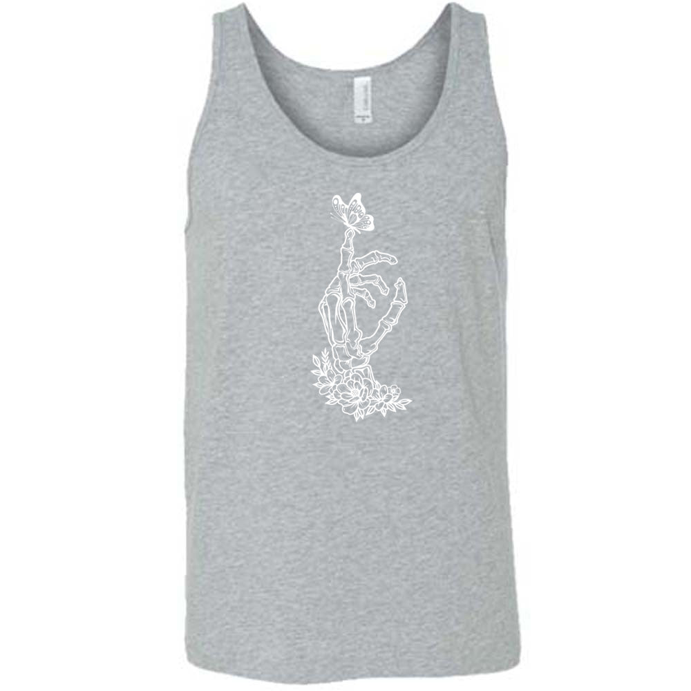 Grey colored tank with a butterfly on a skeletons hand graphic on it