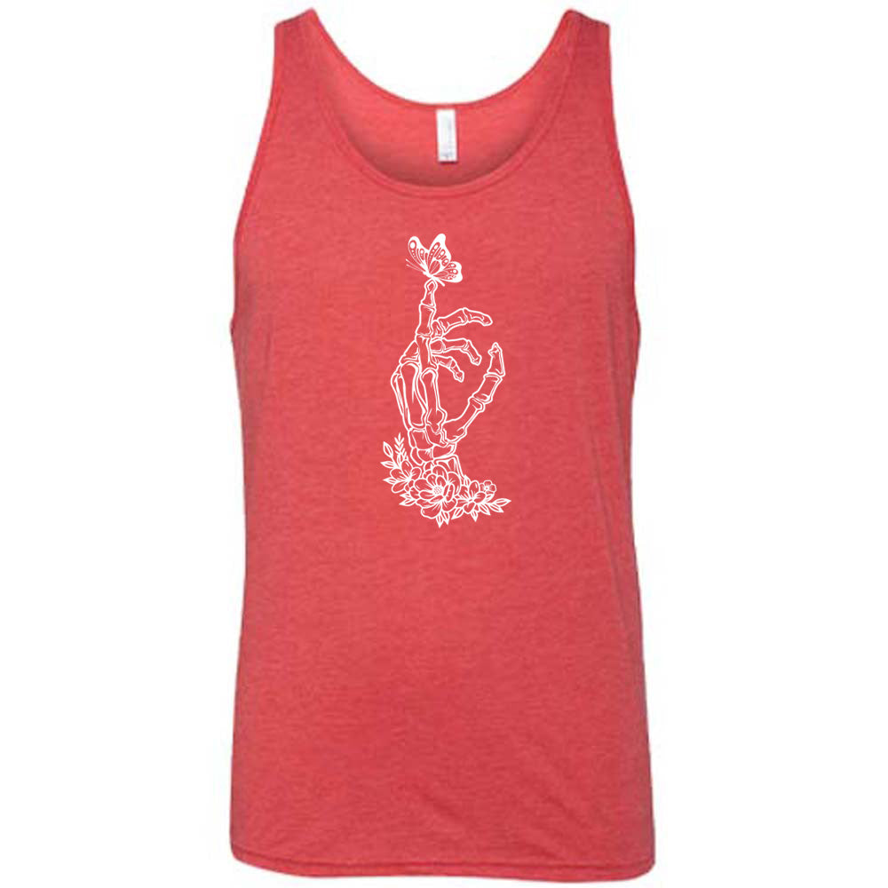 Red colored tank with a butterfly on a skeletons hand graphic on it