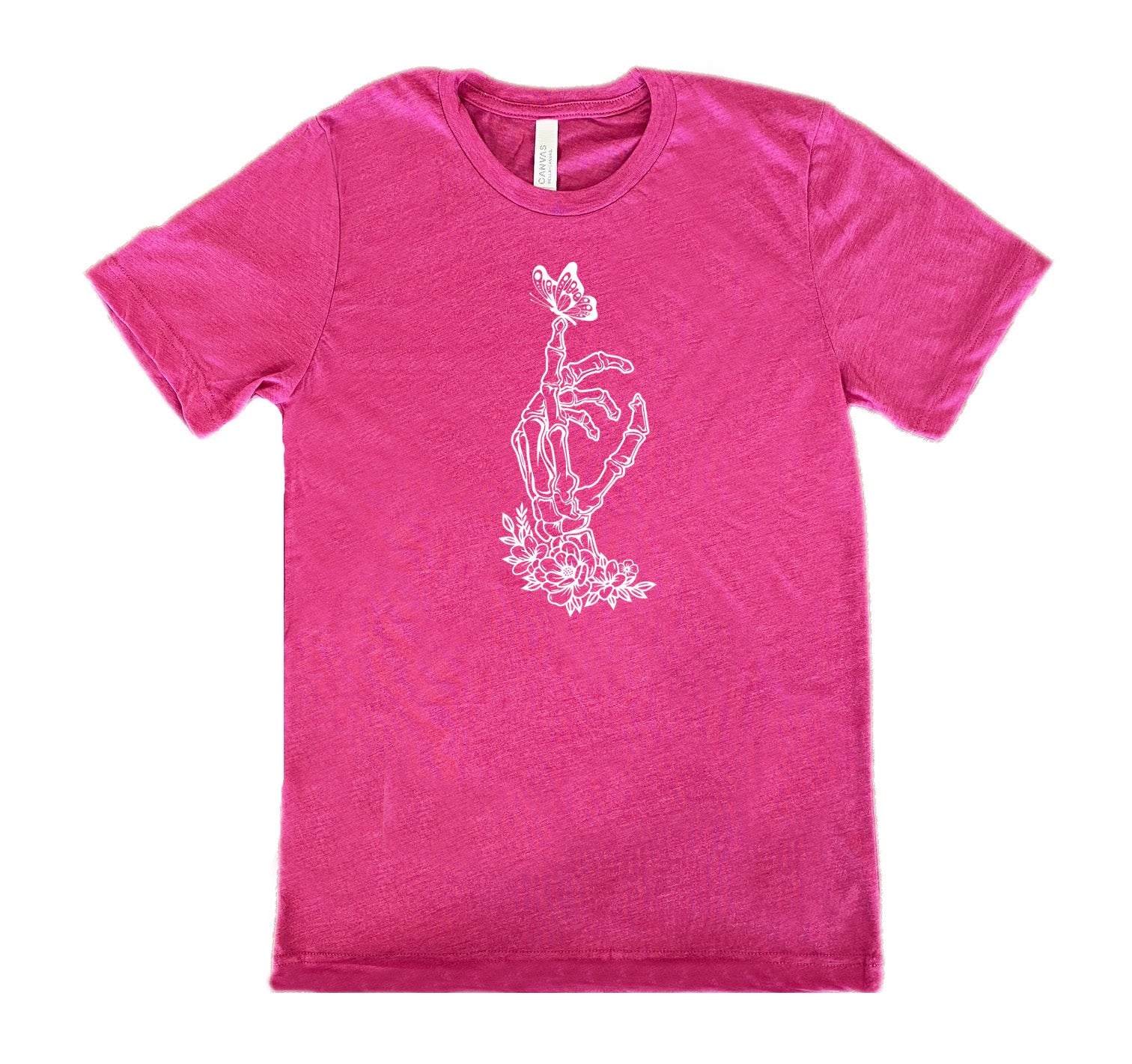 Berry colored shirt with a butterfly on a skeletons hand graphic on it