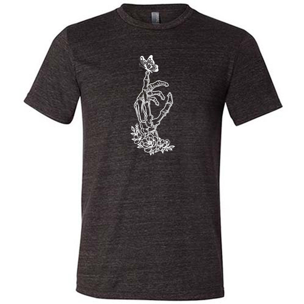 Black colored shirt with a butterfly on a skeletons hand graphic on it