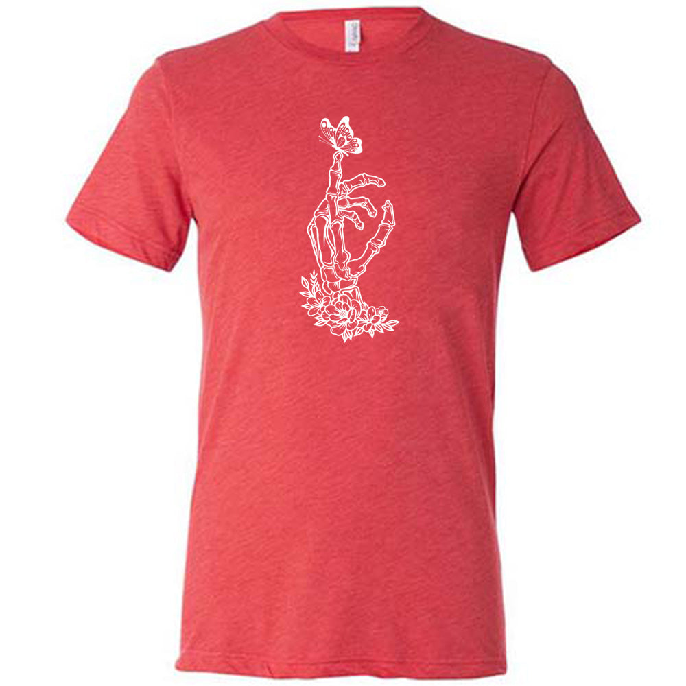 Red colored shirt with a butterfly on a skeletons hand graphic on it
