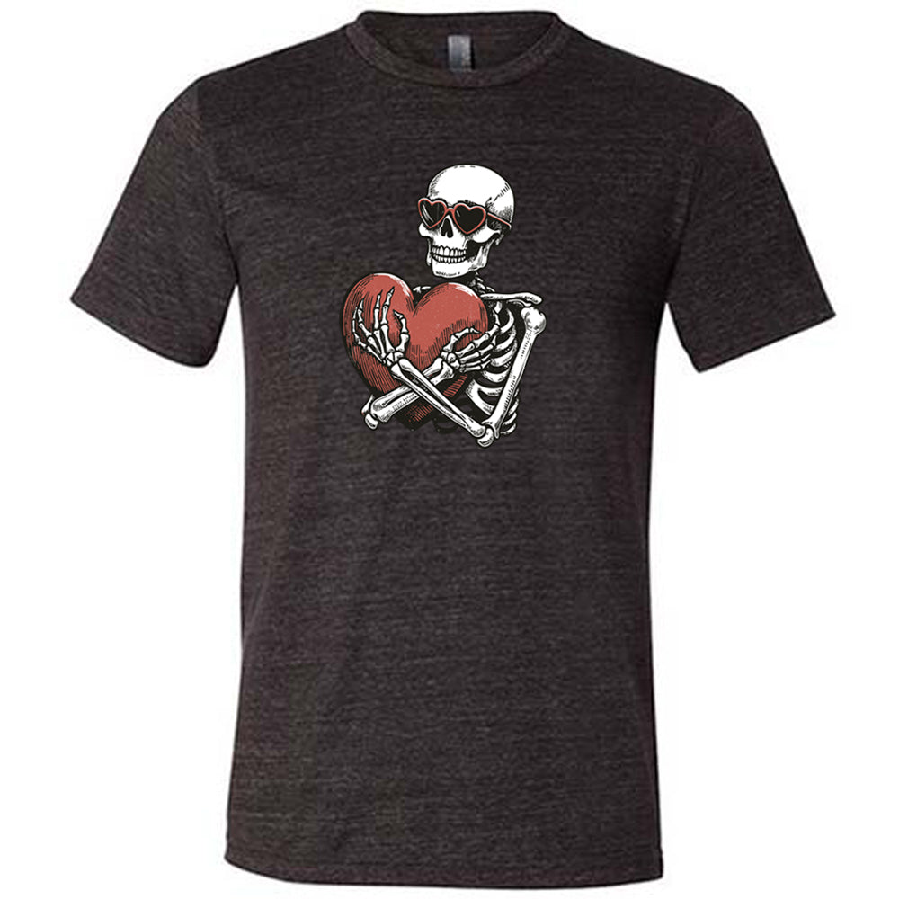 black shirt with a skeleton hugging a heart graphic on it
