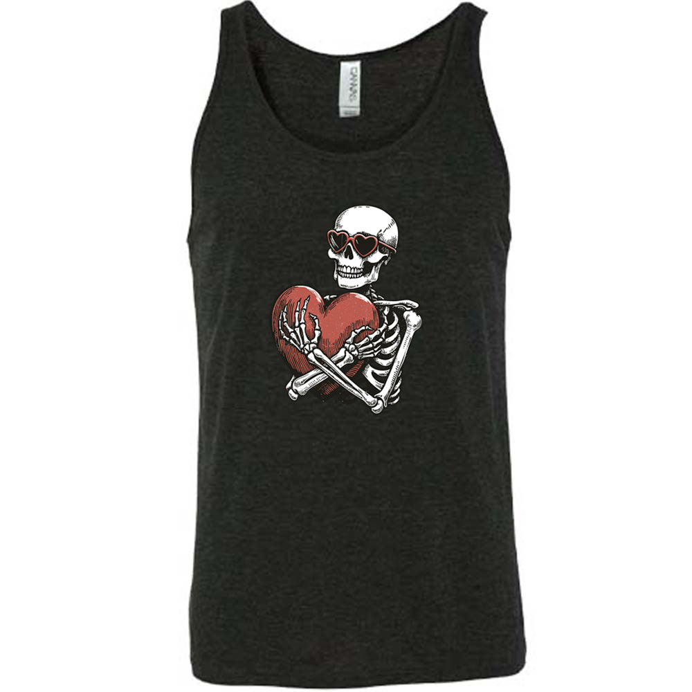 black shirt with a skeleton hugging a heart graphic on it