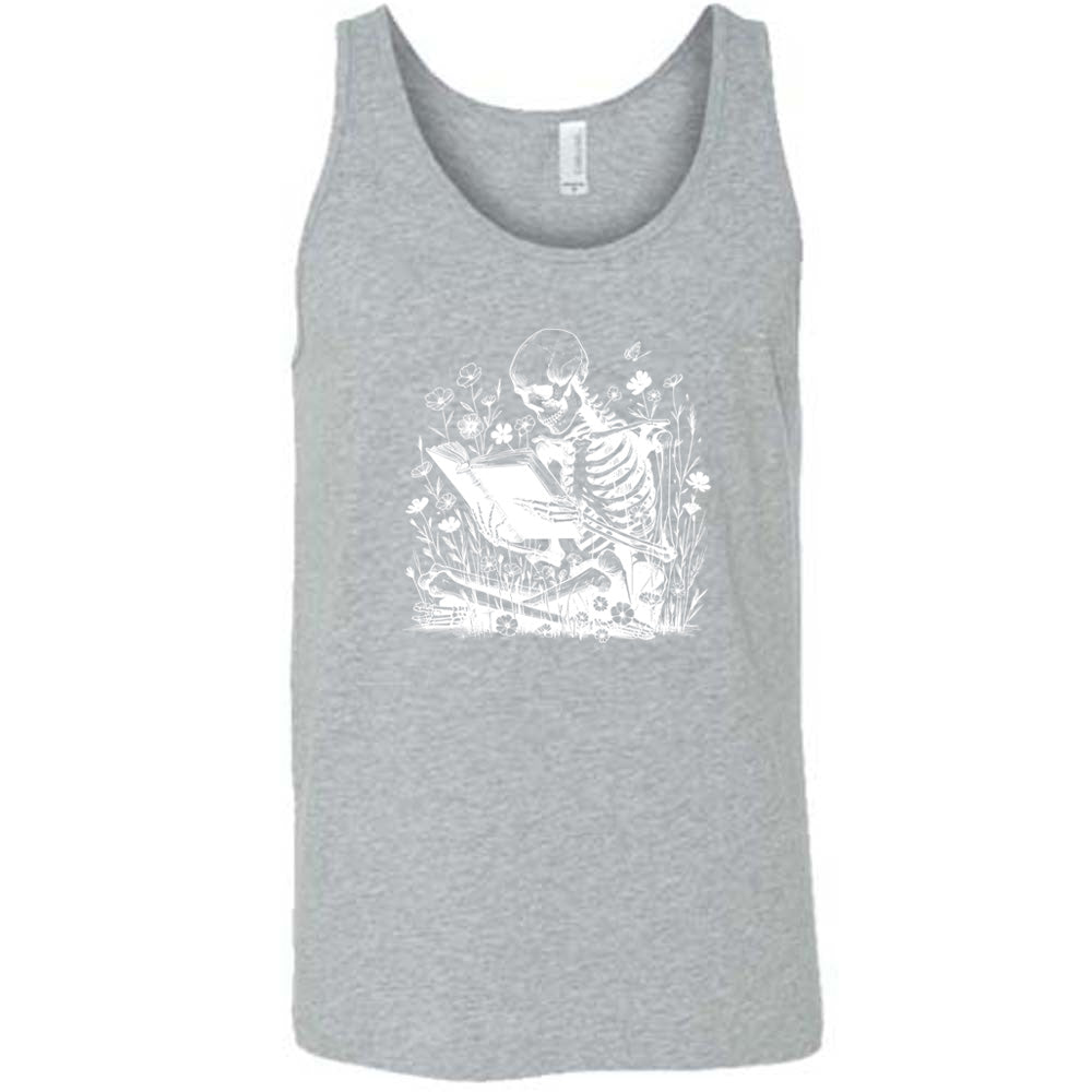 grey shirt with a skeleton reading graphic on it