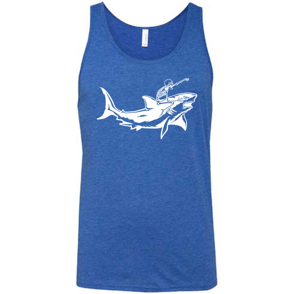 blue unisex tank with the graphic of a skeleton, with its fist pointing onwards and its mouth open, riding a shark, who has a fierce expression