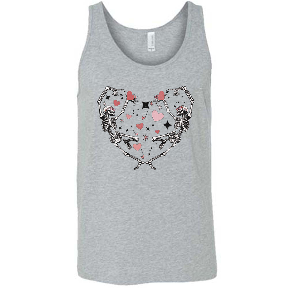 grey shirt with a skeleton heart graphic on it