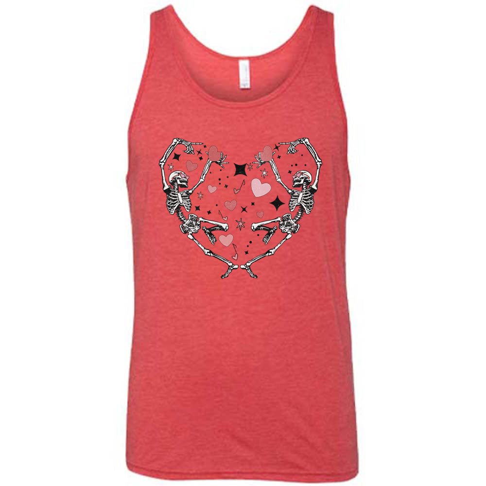 red shirt with a skeleton heart graphic on it
