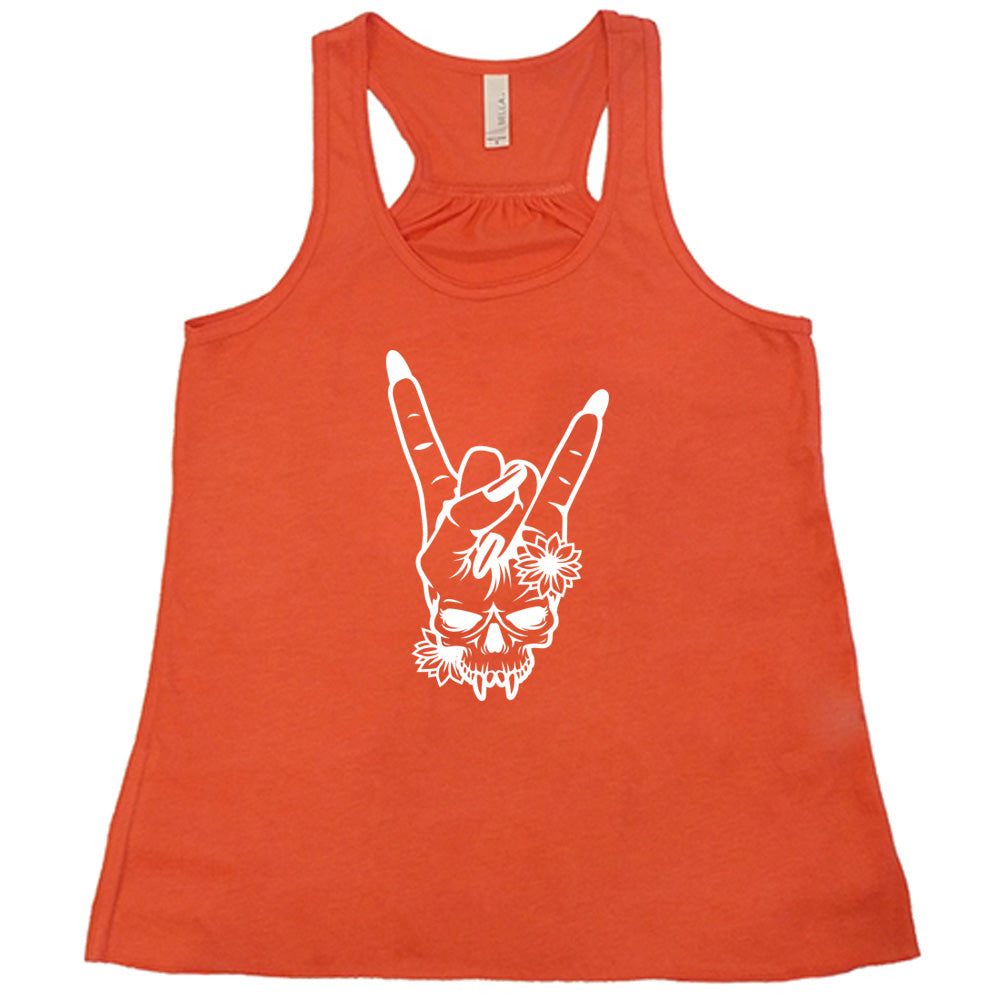 coral shirt with the "Skull Rocker Hand" graphic on it