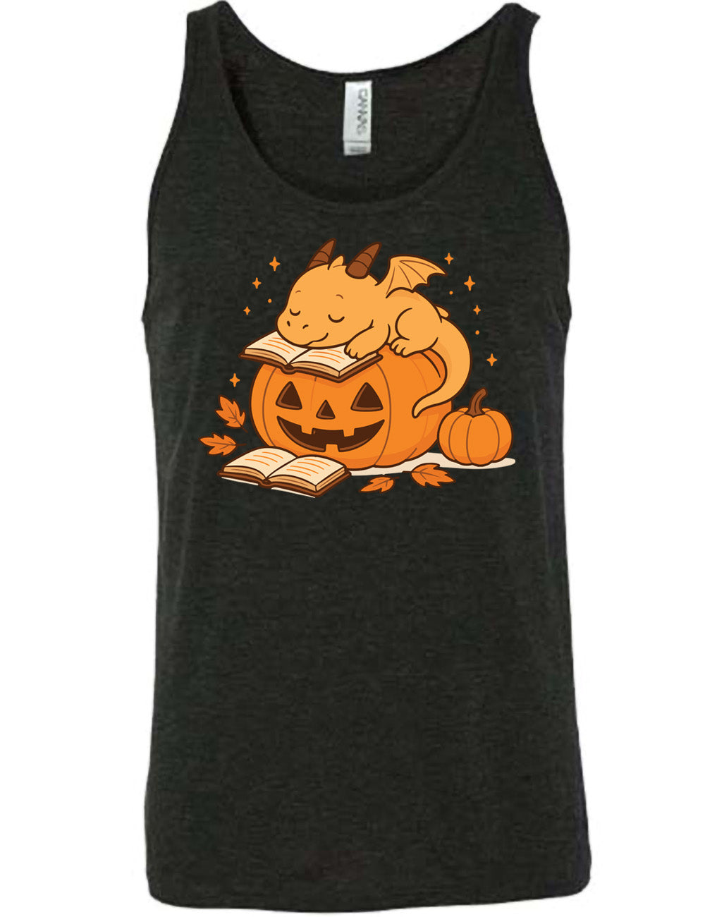black unisex tank with the graphic of a cartoon-style dragon sleeping, with its head in its open book, on top of a jack-o-lantern, with another open book and small pumpkin next to all this, and a scattering of stars, and a few leaves